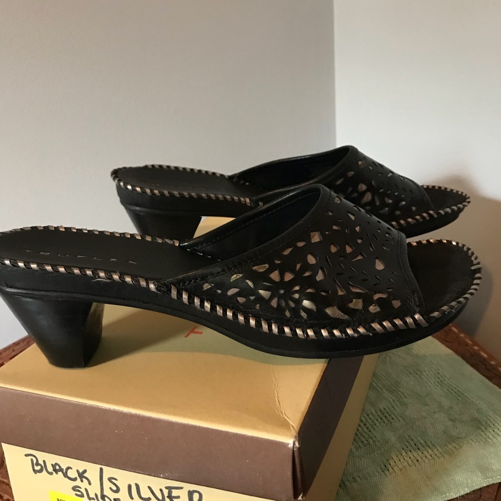 Black & Silver Leather Slides/Sandals